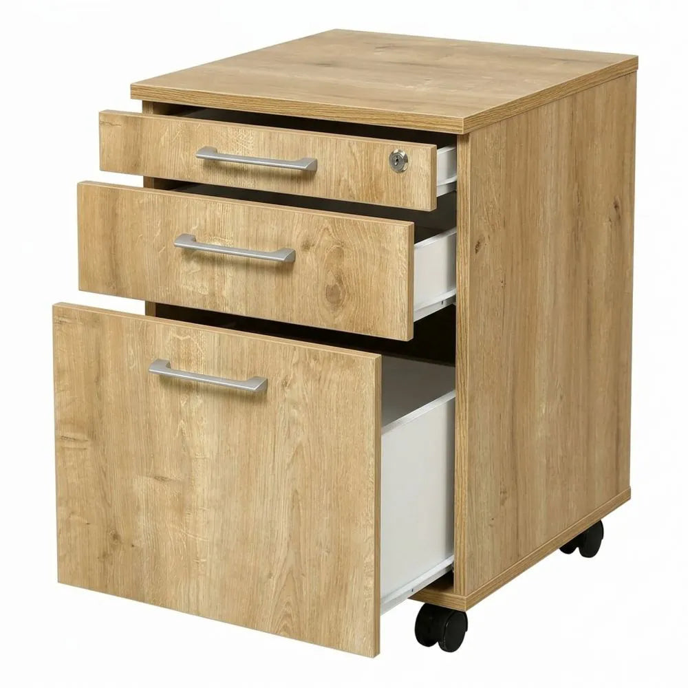 Mobiler Aktenschrank mit abschließbaren Schubladen, Holz, Eiche, 3 Schübe, für Büro und Dokumente