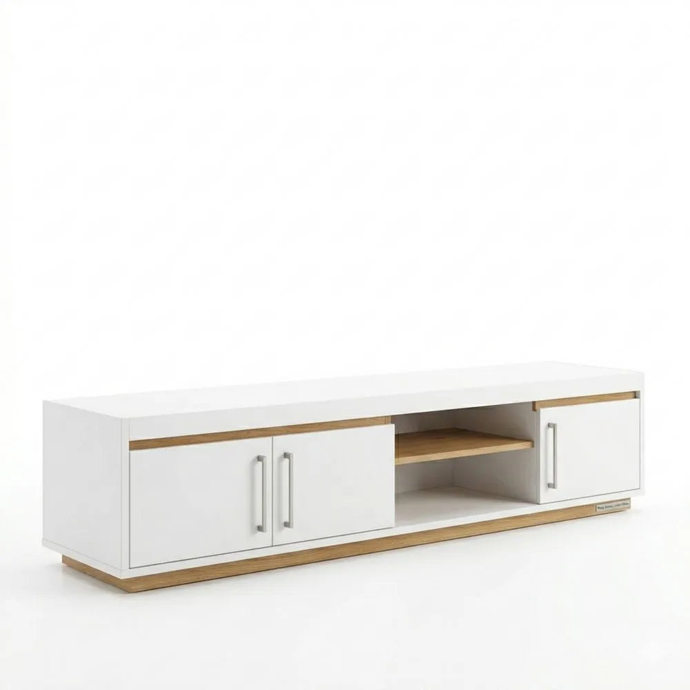 Moderner Fernsehschrank mit 3 Türen und offenem Fach, 160 x 40,5 x 39,6 cm, Mattweiß und Holzoptik