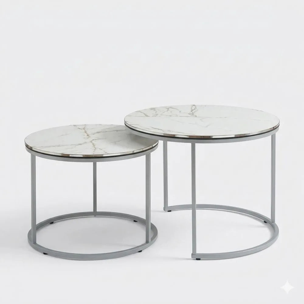Rundes Wohnzimmertisch-Set im Marmor-Look, 2-teilig, mit Metallgestell