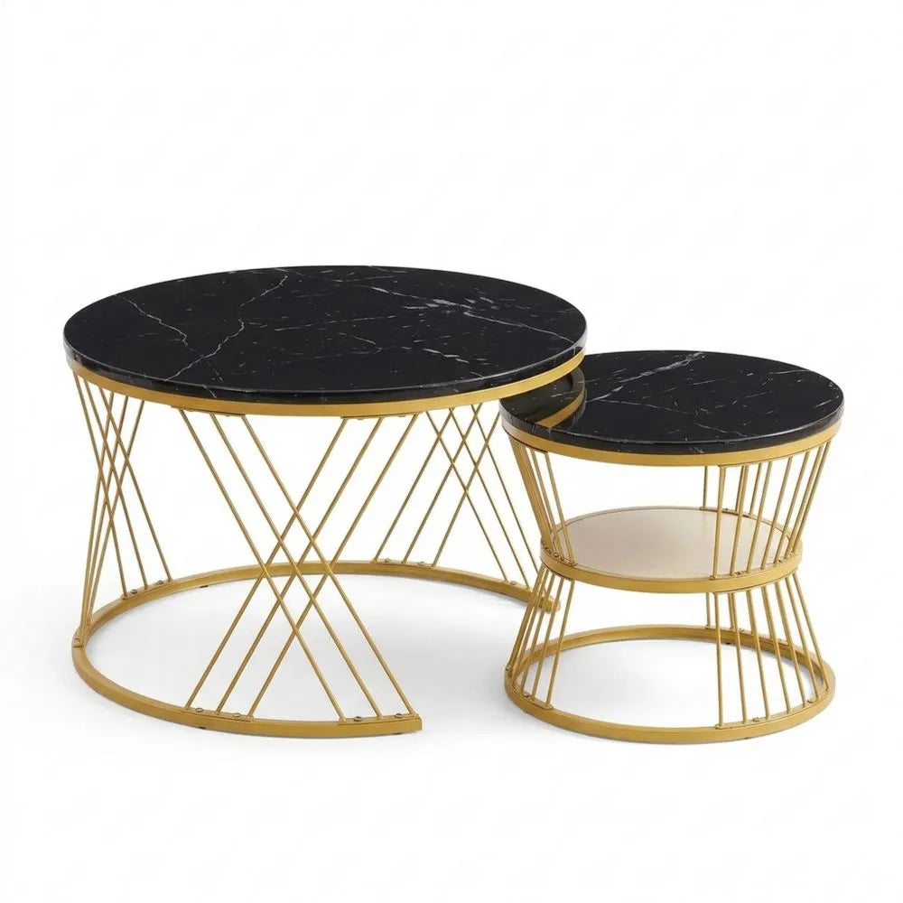 Moderner Couchtisch im 2er-Set mit Stauraum, Hochglanzoptik in Gold und Schwarz für Wohnzimmer oder Balkon