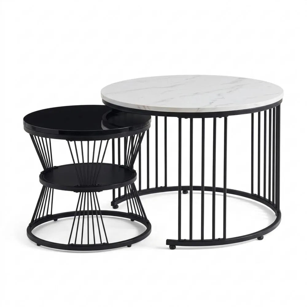 Moderner 2er Couchtisch-Set mit Marmoreffekt, Metallstruktur, Schwarz & Weiß