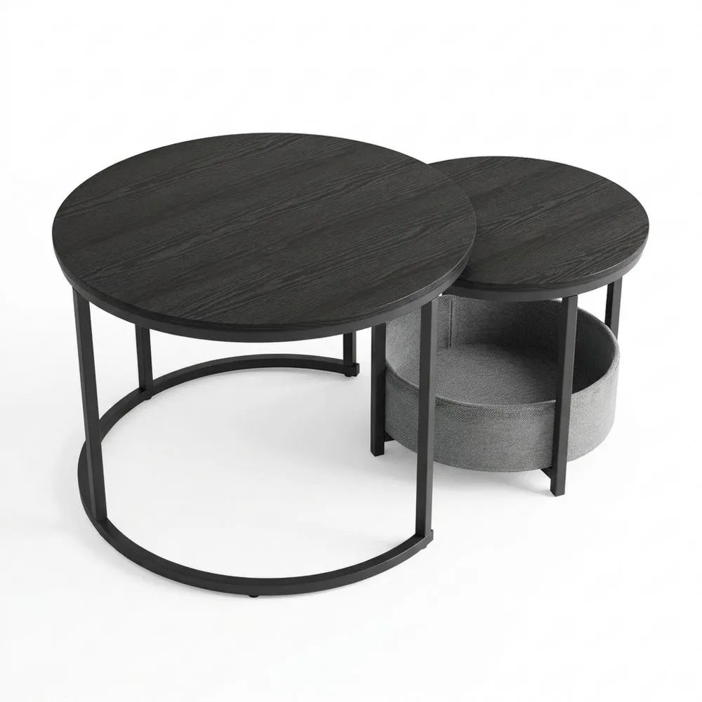 Runder Couchtisch im Industriestil, 2er Set mit Metall und Holz, Vintage Nesting-Tische, Stoff-Aufbewahrungstasche schwarz