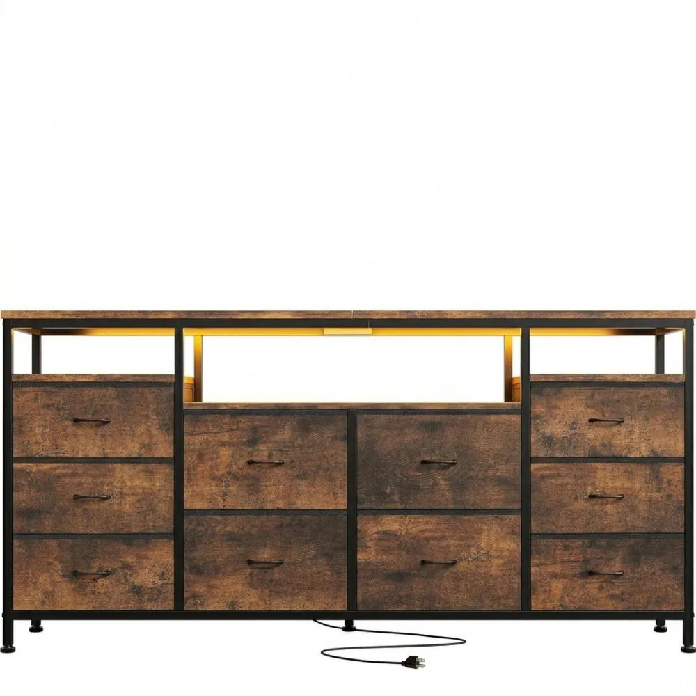 Industriedesign Sideboard mit LED und Steckdose, 10 Schubladen