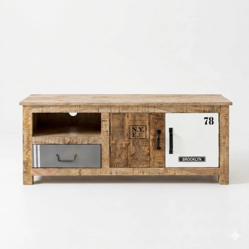 Moderne Wohnwand mit Lowboard und Weinschrank, Mangoholz