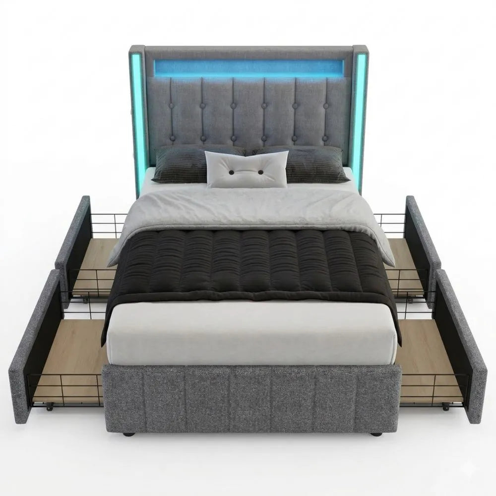 Einzelbett 90x200 mit LED und Stauraum Schubladen, Bett mit Kopfteil und USB Typ-C, Grau