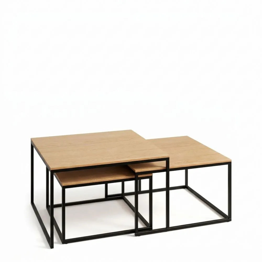 Quadratischer 2er-Set Couchtisch aus Holz mit Metallgestell für Wohnzimmer oder Büro