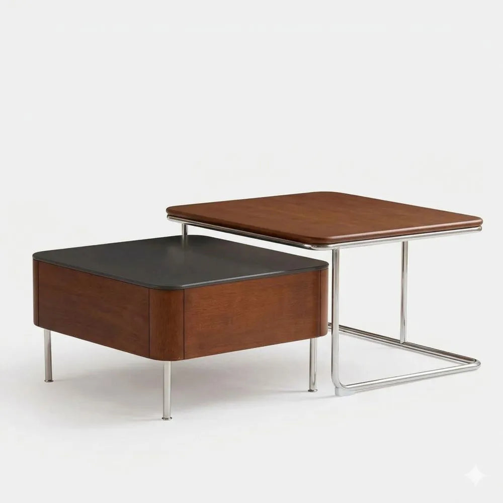 Set aus zwei quadratischen Beistelltischen im Bauhaus-Stil mit großem Stauraum, Keramik-Tischplatte, Gummiholz in Teakholzoptik für Wohnzimmer