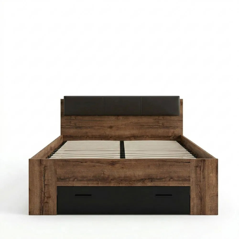 Doppelbett mit Schublade, Eichedekor/Schwarz Hochglanz, 203,6 x 99,5 x 163,5 cm